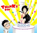  animal_ears animal_nose armpits bikini black_hair blue_background blush breasts cake clenched_teeth food gradient_background green_eyes groin hair_between_eyes hands_up jago_dibuja large_breasts long_hair looking_down necktie original panties pencil pencil_in_hair pink_bikini pink_panties rabbit_ears rabbit_tail raised_eyebrows shirt sidelocks smile swimsuit tail teeth thank_you thighhighs topless_female underwear very_long_hair white_background white_shirt 