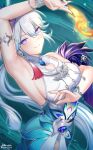  1girl absurdres aqua_dress armlet armpits bare_shoulders blue_eyes bracelet breasts dress highres holding honkai:_star_rail honkai_(series) jewelry ken-pai_(kenpai_arts) large_breasts long_hair looking_at_viewer multicolored_eyes presenting_armpit purple_eyes revision sleeveless sleeveless_dress smile solo two-tone_dress two-tone_eyes very_long_hair white_dress white_hair yao_guang_(honkai:_star_rail) 