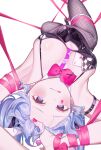  1girl absurdres ahoge animal_ears armpits arms_up black_leotard black_ribbon blue_eyes blue_hair bow bowtie breasts card center-flap_bangs closed_mouth colored_inner_hair commentary_request detached_collar fake_tail fingernails fishnet_pantyhose fishnets grey_pantyhose hair_between_eyes hair_ornament hair_ribbon hairband hatsune_miku highres leotard long_hair medium_breasts multicolored_hair nail_polish pantyhose pink_bow pink_bowtie pink_hair pink_nails pink_pupils pink_ribbon playboy_bunny rabbit_ears rabbit_hole_(vocaloid) rabbit_tail ribbon simple_background single_handcuff solo tail thigh_strap tyatyakomachi very_long_hair vocaloid white_background white_hairband wrist_ribbon x_hair_ornament 