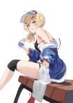  1girl :o azur_lane bare_shoulders belt black_belt blonde_hair blue_jacket blush bottle breasts clothes_pull commentary_request crop_top from_behind from_side hair_between_eyes hair_ornament hairclip highres holding holding_bottle jacket jacket_pull knee_pads leaning_forward looking_at_viewer looking_back maury_(azur_lane) maury_(retrofit)_(azur_lane) micro_shorts off_shoulder open_clothes open_jacket ponytail sherlock_hime shorts sitting small_breasts solo star_(symbol) star_print surprised thighs visor_cap white_shorts yellow_eyes 