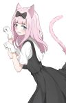  1girl absurdres animal_ears bekkuro black_bow black_dress blue_eyes blunt_bangs bow cat_ears cat_girl cat_tail commentary_request cowboy_shot dress from_side fujiwara_chika gloves hair_bow hands_up highres kaguya-sama_wa_kokurasetai_~tensai-tachi_no_renai_zunousen~ kemonomimi_mode light_blush long_hair looking_at_viewer open_mouth paw_pose pinafore_dress pink_hair pink_tail school_uniform shirt shuuchiin_academy_school_uniform simple_background sleeveless sleeveless_dress smile solo summer_uniform tail white_background white_gloves white_shirt 