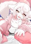  1boy animal_ears animal_hands animal_nose bedroom blush breasts cleavage cross-shaped_pupils fangs fox_boy fox_ears furry furry_male gradient_hair holding holding_pillow indoors jacket large_breasts looking_at_viewer lying male_focus medium_hair messy_hair multicolored_hair nashinoro_kikuri niisha_(nashinoro_kikuri) on_bed on_stomach open_clothes open_jacket open_mouth orange_eyes original pillow pink_jacket pink_pillow shirt snout solo symbol-shaped_pupils trap upper_body white_fur white_hair white_shirt x-shaped_pupils 