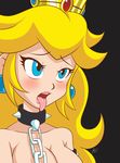  1girl artist_request blonde_hair blue_eyes blush breasts chains cleavage crown earrings jewelry long_hair open_mouth princess_peach simple_background solo spiked_collar super_mario_bros. tongue_out 