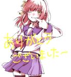 1girl ;d alternate_eye_color angel_beats! black_hairband black_thighhighs blue_sailor_collar blue_skirt blunt_bangs blush bow commentary_request cowboy_shot green_bow grin hair_bow hairband hand_on_own_hip index_finger_raised long_sleeves looking_at_viewer medium_hair midriff miniskirt mouth_pull nakamura_yuri neckerchief negiko123123 one_eye_closed pink_hair pink_neckerchief pleated_skirt sailor_collar sailor_shirt shinda_sekai_sensen_uniform shirt simple_background skirt smile solo thighhighs white_background white_shirt yellow_eyes zettai_ryouiki 
