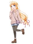  absurdres ahoge black_legwear blonde_hair blue_eyes blush boots commentary_request denim denim_shorts hair_ornament hairclip highres kashiwagi_hatsune kizuato long_hair looking_at_viewer pantyhose ribbed_sweater school_uniform shorts shouji_ayumu skirt smile solo sweater 