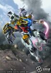  cloud cloudy_sky commentary_request copyright_notice debris earth_federation energy_sword english_text flying glowing glowing_eyes gundam gundam_card_game gundam_gquuuuuux hukutuuprunes logo mecha mecha_focus mobile_suit o'neill_cylinder official_art purple_eyes realistic robot scene_reference science_fiction sky space_habitat sunrise_(company) sword title v-fin weapon white_gundam 