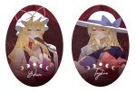  2girls blonde_hair bow breasts character_name choker cleavage closed_mouth commentary dress folded_fan folding_fan hand_fan hat hat_bow hat_ribbon holding holding_fan large_breasts long_hair looking_at_viewer mob_cap multiple_girls no_noru purple_bow purple_dress red_eyes red_ribbon ribbon ribbon_choker sample_watermark sleeveless sleeveless_dress smile touhou untranslatable_commentary watatsuki_no_toyohime watermark white_hat yakumo_yukari yellow_eyes 