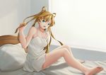  abukuma_(kantai_collection) bare_shoulders barefoot bed bigrbear blonde_hair blue_eyes collarbone dress feet kantai_collection legs long_hair on_bed open_mouth pillow sitting sleeveless sleeveless_dress soles solo toes twintails white_dress window 