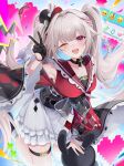  1girl ;o absurdres black_gloves black_hat breasts capelet emoji gloves hat highres honkai:_star_rail honkai_(series) ion_(on01e) large_breasts long_hair mini_hat mini_top_hat one_eye_closed purple_eyes red_capelet revision single_glove skirt solo sparkle_(honkai:_star_rail) sparxie_(honkai:_star_rail) thighs top_hat twintails v very_long_hair white_hair white_skirt 