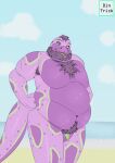 absurd_res anthro armpit_hair balls beard belly big_belly body_hair chest_hair dintrick facial_hair flaccid foreskin forked_tongue genitals green_body green_eyes hair hi_res male moobs navel nude nude_beach open_mouth open_smile overweight overweight_male penis pubes purple_body python reptile scalie smile snake solo tail tongue