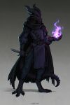 anthro armor bag biped black_body black_scales bottomwear claws cloak clothed clothing dagger digital_media_(artwork) digitigrade dragon dragonborn_(dnd) dungeons_and_dragons fantasy fantasy_clothing feet fire full-length_portrait hasbro hi_res holding_object holding_weapon horn kobold magic magic_user male melee_weapon mythological_creature mythological_scalie mythology pants portrait purple_body purple_eyes purple_scales reptile rim_light rimlight robe rogue scales scalie simple_background solo spikes standing tail tashiroth text toes topwear weapon wizards_of_the_coast