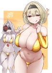  2girls absurdres arms_behind_back batta_nj bikini black_flower black_hairband black_rose blindfold blonde_hair breasts cleavage flower goddess_of_victory:_nikke gold_bikini golden_week grey_hair hairband highres huge_breasts large_breasts licking_lips long_hair looking_at_viewer multiple_girls red_eyes red_flower red_rose red_shoes_(nikke) rose rose_(nikke) short_hair simple_background smile swimsuit thick_thighs thigh_gap thighs tongue tongue_out very_long_hair 