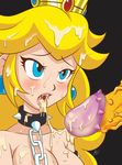  1boy 1girl blonde_hair blue_eyes blush bowser breasts chains cleavage crown cum cum_in_hair cum_in_mouth cum_on_body cum_on_breasts cum_on_hair cum_on_upper_body earrings jewelry long_hair open_mouth penis princess_peach simple_background spiked_collar super_mario_bros. tongue_out uncensored 