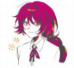  1girl braid braided_ponytail collared_shirt danganronpa:_despair_time flower grid_background hair_between_eyes highres light_blush light_smile looking_at_viewer low_ponytail mai_akasaki neck_ribbon ponytail portrait red_hair red_ribbon ribbon shirt sidelocks solo white_shirt xin_ci yellow_eyes 