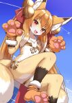 2026 2_tails anthro bell bikini blonde_hair brown_ear_tips canid canine clothing countershade_face countershade_fur countershading cute_fangs dipstick_ears dipstick_tail ear_markings fangs female female_anthro flat_chested fox fur gloves gloves_(marking) gold_bikini golden_week hair handwear hi_res horokusa0519 inner_ear_fluff kemono leg_markings long_hair mammal markings multi_tail multicolored_ears nio_(horokusa) open_mouth outside paw_gloves red_eyes red_ribbon shooting_star sky socks_(marking) solo swimwear tail tail_markings teeth tuft two-piece_swimsuit white_body white_fur white_tail_tip yellow_body yellow_fur yellow_tail