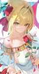  1girl absurdres ahoge bare_shoulders blonde_hair blush bracelet braid breasts cleavage commentary_request detached_sleeves dress earrings fate/grand_order fate_(series) flower green_eyes hair_bun hair_intakes hair_ribbon highres houkisei jewelry large_breasts long_hair looking_at_viewer neck_ring necklace nero_claudius_(fate) nero_claudius_(formal_dress)_(fate) red_ribbon ribbon rose sash smile solo white_dress 