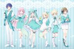  2boys 4girls :d ;d aqua_background aqua_eyes aqua_jacket aqua_shorts aqua_skirt aqua_vest blonde_hair blue_eyes blue_hair blush bow_hairband brown_eyes brown_hair bubble_tea commentary_request company_name copyright_notice dress drink frilled_dress frills full_body gomano_rio gradient_hair green_hair green_socks hairband hatsune_miku highres holding holding_drink jacket kagamine_len kagamine_rin kaito_(vocaloid) leg_up long_hair megurine_luka meiko_(vocaloid) multicolored_hair multiple_boys multiple_girls official_art one_eye_closed open_clothes open_jacket pants pink_hair polka_dot polka_dot_dress polka_dot_jacket polka_dot_shorts polka_dot_skirt purple_eyes shirt shoes shorts skirt smile socks spiked_hair striped_background twintails very_long_hair vest vocaloid white_dress white_pants white_shirt white_shoes 