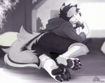2021 4_toes anthro barefoot biped canid canine canis claws clothed clothed_anthro clothed_male clothing controller dannydumal dated detailed_background digital_media_(artwork) dipstick_ears ear_markings feet finger_claws foot_focus fur game_controller gaming gothwolf hair holding_controller holding_game_controller holding_object hoodie lying male male_anthro mammal markings monochrome multicolored_ears on_front pawpads paws plantigrade_pawpads playing_video_game rear_view signature solo tail toe_claws toes topwear wolf