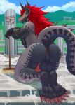 anthro anus backsack balls big_balls big_butt broom bushiroad butt cleaning_tool demon demon_lord_dragon_batzz dragon future_card_buddyfight genitals grey_body grey_scales hair hi_res horn kneeling male mythological_creature mythological_scalie mythology nude_male outside rear_view red_hair scales scalie sellon solo spiked_tail spikes spikes_(anatomy) tail tail_aside