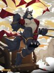 absurd_res adastra adastra_(series) amicus_(adastra) anthro astatos black_body black_fur canid canine canis cloud echo_project fur hi_res looking_at_viewer male mammal musclegut muscular nipples pawpads roosterbliss solo studio_klondike tail wolf