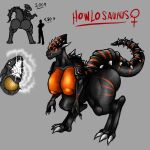 anthro areola big_breasts big_butt black_body black_scales breasts butt claws digitigrade dinosaur eyelashes female genitals grey_background grey_claws howlosaurus huge_breasts huge_butt mutant_genetic_gladiators nipples nude orange_areola orange_body orange_eyes orange_nipples orange_scales orange_stripes prehistoric_species reptile sai0nhik4ri scales scalie simple_background solo spikes spikes_(anatomy) stripes text thick_thighs vulva wide_hips