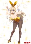  1girl absurdres animal_ear_hairband animal_ears artist_name black_pantyhose blonde_hair blue_eyes bow bowtie breasts cleavage detached_collar fake_animal_ears full_body gold_bowtie gold_leotard gold_shoes hairband high_heels highres hikamingaa kohagura_ellen large_breasts leaning_forward leotard long_hair pantyhose playboy_bunny rabbit_ears rabbit_pose rabbit_tail shoes solo sparkle_background strapless strapless_leotard tail toji_no_miko white_background wrist_cuffs 