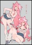  1girl alternate_costume animal_ear_fluff animal_ears arm_support armpits arms_behind_back blue_shorts blush bra bra_peek bracelet breasts choker cleavage closed_mouth collarbone color_guide commentary cutoffs denim denim_shorts double-parted_bangs eyelashes fangs grey_background hair_flaps hair_intakes hand_on_own_ass hand_on_own_knee hanging_breasts highres hip_bones hololive hololive_english jewelry knees_up large_breasts leaning_forward leg_warmers long_hair looking_at_viewer multicolored_hair multiple_views navel open_mouth panther_ears panther_girl panther_tail pink_hair pink_nails raora_panthera ring shorts sidelocks simple_background sitting slit_pupils solo spaghetti_strap spiked_bracelet spikes streaked_hair sweat tail thighs thumb_ring tongue tongue_out underwear unit_0203 virtual_youtuber white_streaks 