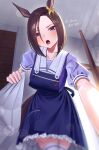  1girl absurdres air_groove_(umamusume) animal_ears apron blue_apron blue_eyes blurry blush bokeh bow breasts brown_hair commentary_request depth_of_field ear_bow frilled_skirt frills hair_between_eyes highres holding holding_pillow horse_ears horse_girl horse_tail indoors large_breasts leaning_forward looking_at_viewer menchi_rishio open_mouth pillow pov puffy_short_sleeves puffy_sleeves purple_shirt revision sailor_collar sailor_shirt school_uniform shirt short_hair short_sleeves skindentation skirt tail teeth thighhighs thighs tracen_school_uniform translation_request umamusume upper_teeth_only v-shaped_eyebrows white_sailor_collar white_thighhighs yellow_bow zettai_ryouiki 