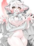  1boy absurdres animal_ears animal_hands animal_nose bare_legs blush bow bowtie breasts cloak emphasis_lines fangs fox_ears fox_tail furry furry_male grey_cloak highres hood hooded_cloak large_breasts looking_at_viewer male_focus messy_hair nashinoro_kikuri niisha_(nashinoro_kikuri) open_mouth orange_eyes original outstretched_arms pink_tail reaching reaching_towards_viewer short_hair simple_background snout solo standing sweat symbol-shaped_pupils tail thick_thighs thighs trap white_background white_bow white_fur white_hair x-shaped_pupils 