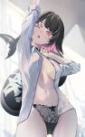 1girl absurdres black_hair blush breasts colored_inner_hair cowboy_shot ellen_joe fins fish_tail hair_between_eyes highres indoors large_breasts looking_at_viewer mole mole_under_eye multicolored_hair navel no_bra one_eye_closed open_clothes open_mouth open_shirt peropicnic red_eyes red_hair revision shark_girl shark_tail short_hair sidelocks solo stomach tail thighs two-tone_hair unbuttoned window window_shadow zenless_zone_zero 