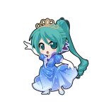  1girl :o aqua_eyes aqua_hair arm_up black_outline blue_dress blue_shoes chibi chibi_only contrast_collar curled_tail dress elbow_gloves full_body game_asset gem gloves gold_tiara gown gradient_clothes gradient_dress hair_between_eyes hatsune_miku hatsune_miku_graphy_collection high_heels long_dress long_hair looking_at_viewer medici_collar open_mouth outline pearl_(gemstone) ponytail puffy_short_sleeves puffy_sleeves shoes short_sleeves solo standing transparent_background very_long_hair vocaloid white_gloves 