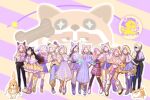  6+girls animal_ear_hood animal_ears argyle_cloak asymmetrical_legwear badge black_gloves black_hair black_pants black_shoes blue_eyes boots braid brown_eyes colorful_clouds dog_ears double_finger_gun dress eyepatch fake_animal_ears finger_gun fingerless_gloves floof_(infinity_nikki) forehead fur_leg_warmers gloves googly_eyes grey_hair hair_half_over_shoulder hair_over_shoulder hands_on_own_hips happy high_heels highres hood hood_up infinity_nikki iyating leg_warmers long_dress low_twin_braids midriff multiple_girls nikki_(series) one_eye_closed open_mouth outline pants parted_bangs pink_hair pleated_dress purple_boots purple_dress purple_eyes purple_socks shoes short_hair sidelocks smile socks standing stiletto_heels striped_background striped_clothes stylist_(nikki) twin_braids two-tone_cloak vertical-striped_clothes wavy_hair white_hair white_leg_warmers white_outline yellow_cloak 