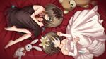  2girls ahoge amatsutsumi bare_shoulders barefoot bed_sheet black_dress blue_eyes blush breasts bridal_gauntlets brown_hair cleavage closed_mouth collarbone commentary_request dress dual_persona floral_print floral_print_dress flower from_above full_body hair_between_eyes hair_flower hair_ornament highres jewelry knees_together_feet_apart long_dress looking_at_viewer lying making-of_available medium_breasts medium_hair minazuki_hotaru_(amatsutsumi) multiple_girls necklace on_back on_side painttool_sai_(medium) parted_lips pearl_necklace pleated_dress print_dress profile red_flower rose_print rotational_symmetry scene_reference shimotsuki_mizuha shoes sideways_glance sleeveless sleeveless_dress smile spaghetti_strap strap_slip strapless strapless_dress stuffed_animal stuffed_rabbit stuffed_toy teddy_bear wedding_dress white_bridal_gauntlets white_dress white_flower white_shoes 