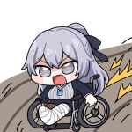  1girl blue_skirt blue_vest broken_leg bronya_zaychik bronya_zaychik_(outstanding_attitude) bronya_zaychik_(silverwing:_n-ex) chibi chibi_only commentary english_commentary grey_eyes grey_hair grey_sweater honkai_(series) honkai_impact_3rd id_card long_hair official_alternate_costume open_mouth pushing_wheelchair skirt solo suba_(soba30406077) sweater very_long_hair vest wheelchair 