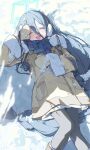  1girl ;d aris_(blue_archive) aris_(winter)_(blue_archive) black_hair black_pantyhose blue_archive blue_eyes blue_halo blue_scarf blush boots coat day earmuffs fur-trimmed_coat fur_trim gloves hair_between_eyes halo happy highres long_hair lying mittens ningen_mame official_alternate_costume official_alternate_hairstyle on_back on_ground one_eye_closed open_mouth outdoors pantyhose plaid_clothes plaid_scarf revision scarf skirt smile snow white_skirt winter_clothes winter_coat yellow_coat yellow_mittens 