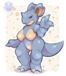 1_horn anthro big_breasts blue_body blue_horn breasts claws cosmicpussycat eyelashes featureless_breasts featureless_crotch female front_view generation_1_pokemon grey_claws hi_res horn looking_at_viewer nidoqueen nintendo pokemon pokemon_(species) purple_eyes smile solo tan_body thick_thighs wide_hips