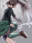  1girl arm_ribbon arms_behind_back artist_name bandaid bandaid_on_face bandaid_on_nose black_jacket brown_eyes brown_hair brown_shoes clenched_hand collared_jacket danganronpa:_despair_time frown gradient_hair green_ribbon green_skirt grey_background grey_hair hair_between_eyes high_ponytail highres jacket knee_strap light_particles long_hair long_sleeves looking_at_viewer looking_back multicolored_hair outstretched_arms ponytail ribbon shoes sidelocks simple_background skirt solo spread_arms teruko_tawaki very_long_hair wcender 