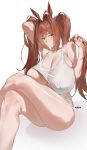  1girl absurdres animal_ears bare_shoulders blush breasts brown_hair crossed_legs daiwa_scarlet_(umamusume) grey_shorts hair_between_eyes hair_intakes highres horse_ears horse_girl horse_tail huge_breasts long_hair looking_at_viewer red_eyes shorts sitting solo tail tank_top twintails umamusume very_long_hair white_tank_top xiangzuo_zhi 