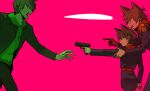  3boys aiming animification antenna_hair beard_stubble blue_coat brown_hair burn_scar child coat commentary cosplay cyborg drawstring edd_(eddsworld) eddsworld eko_endure epaulettes facial_hair father_and_child father_and_son flipped_hair from_side future_edd_(eddsworld) green_hoodie gun hair_ears handgun height_difference highres holding holding_gun holding_weapon hood hood_down hoodie if_they_mated implied_yaoi long_sleeves male_focus mechanical_arms military_coat military_uniform multiple_boys no_eyes norwegian_commentary open_mouth original parent_and_child pink_background pointing pointing_at_another prosthesis prosthetic_arm protected_link reaching red_hoodie red_leader_(eddsworld) red_leader_(eddsworld)_(cosplay) scar science_babies short_hair simple_background single_mechanical_arm smile standing stubble tord_(eddsworld) trench_coat weapon 