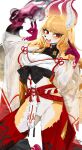  1girl animal_ears animal_nose arm_up black_bow blonde_hair blush bow breasts fangs floating_mask fox fox_ears fox_girl fox_tail furry furry_female gloves gold_trim gradient_tail hakama hand_up highres japanese_clothes kimono large_breasts large_tail long_hair magic mask midriff nashinoro_kikuri navel obi oni_mask open_mouth original purple_gloves red_eyes red_hakama red_mask rope sash see-through_clothes shimenawa simple_background smoke snout solo standing tail tassel white_background white_fur white_kimono wide_sleeves yellow_fur 