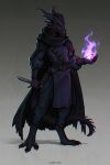 anthro armor bag biped black_body black_scales bottomwear claws cloak clothed clothing dagger digital_media_(artwork) digitigrade dragon dragonborn_(dnd) dungeons_and_dragons fantasy fantasy_clothing feet fire full-length_portrait hasbro hi_res holding_object holding_weapon horn kobold magic magic_user male melee_weapon mythological_creature mythological_scalie mythology pants portrait purple_body purple_eyes purple_scales reptile rim_light rimlight robe rogue scales scalie simple_background solo spikes standing tail tashiroth text toes topwear weapon wizards_of_the_coast