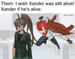  1boy 1girl ahoge artist_name bandaid bandaid_on_face bandaid_on_nose bandana bandana_around_neck behind_another black_gloves black_pants black_shirt black_shoes brown_eyes brown_hair brown_jacket caption collared_jacket collared_shirt computer computer_tower danganronpa:_despair_time desktop_(computing) electrical_outlet english_text evil_grin evil_smile expressionless eye_trail fingerless_gloves floating_clothes floating_jacket gloves green_skirt green_trim grey_jacket grin hair_over_one_eye high_ponytail holding holding_knife holding_weapon image_macro_(meme) imminent_stabbing jacket jacket_on_shoulders jumping knife light_trail long_hair long_sleeves looking_ahead meme messy_hair monitor multiple_monitors open_collar pants ponytail red_bandana red_hair shirt shoes short_hair single_sidelock skirt sleeve_rolled_up smile table television teruko_tawaki wcender weapon white_shirt wire xander_matthews yellow_eyes 