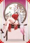  1girl absurdres ahoge animal_ear_fluff animal_ears arm_support backon bird black_shoes bracelet branch breasts bridal_gauntlets brooch china_dress chinese_clothes choko_(cup) cleavage_cutout closed_mouth clothing_cutout colored_shoe_soles commentary_request crossed_legs cup dress floating_hair flower fox_ears fox_girl fox_tail gem gradient_tail green_gem grey_hair hair_flower hair_ornament hair_stick high_heels highres holding holding_cup inset_border jewelry large_breasts lattice legs light_blush long_hair longyan_(snowbreak) looking_at_viewer on_table pink_flower pumps red_dress red_eyes red_flower shoe_dangle shoes sitting sleeveless sleeveless_dress snowbreak:_containment_zone solo table tail thigh_strap thighs very_long_hair 