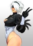  1girl 2b_(nier:automata) absurdres back_cutout black_gloves black_hairband blindfold breasts cleavage cleavage_cutout clothing_cutout covered_eyes feather-trimmed_sleeves feather_trim gloves grey_background hairband highleg highleg_leotard highres juliet_sleeves leotard long_sleeves medium_breasts nier:automata nier_(series) puffy_sleeves raph_mavrost short_hair solo thong_leotard v white_hair white_leotard 