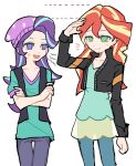  2girls :d alternate_skin_color anger_vein aqua_shirt arm_at_side arm_up bare_arms beanie black_jacket blonde_streaks blue_dress blue_pants blue_streaks breasts chinese_commentary closed_mouth collarbone collared_jacket commentary_request cowboy_shot crossed_arms curtained_hair denim double-parted_bangs dress equestria_girls:_rainbow_rocks flat_chest forehead green_eyes grey_pants hair_between_eyes hat height_difference hulianwangpingguo jacket jeans long_sleeves looking_at_another multicolored_hair multiple_girls my_little_pony my_little_pony:_equestria_girls my_little_pony:_friendship_is_magic no_pupils notice_lines official_alternate_costume open_clothes open_jacket open_mouth pants pink_hat pink_trim purple_eyes purple_hair see-through_clothes shirt simple_background skinny sleeveless sleeveless_jacket small_breasts smile standing star_(symbol) star_print starlight_glimmer starlight_glimmer_(equestria_girls) streaked_hair sunset_shimmer sunset_shimmer_(human) two-tone_hair v-neck white_background 