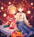  2girls :d ^_^ accurate_lolita_coord ahoge blonde_hair blue_bow blue_skirt blush bow brooch brown_hair closed_eyes commentary dav-19 doll dress egliette english_commentary fleta frilled_dress frills hair_bow hairband holding holding_doll jewelry locked_arms lolita_fashion lolita_hairband long_hair multiple_girls pink_dress pink_hairband pocket_mirror pumpkin red_bow red_eyes shirt short_hair skirt smile suspender_skirt suspenders sweet_lolita very_long_hair web_address white_shirt 