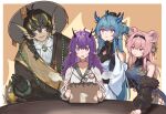  1boy 3girls :o ahoge animal_ear_fluff animal_ears arknights bare_shoulders black_dress black_gloves black_hair black_hairband black_hat black_jacket blonde_hair blue_dress blue_eyes blue_hair blue_skin border braid breasts brown_background china_dress chinese_clothes colored_skin demon_girl demon_horns detached_sleeves dragon_boy dragon_girl dragon_horns dragon_tail dress earrings fins fur_trim gloves hair_between_eyes hair_intakes hair_ornament hairband hat head_fins highres holding horns jacket jewelry lava_(arknights) lava_the_purgatory_(arknights) lee_(arknights) lin_(arknights) ling_(arknights) long_hair long_sleeves mabing medium_breasts mouse_ears mouse_girl multicolored_hair multiple_girls off_shoulder official_alternate_costume open_mouth parted_lips pink_eyes pink_hair pointy_ears purple_eyes purple_hair sleeveless sleeveless_dress smile streaked_hair table tail tassel very_long_hair white_border white_dress wide_sleeves 