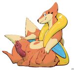 2_tails 3_toes animal_genitalia animal_penis anthro arm_fin balls bodily_fluids closed_smile cute_fangs dipstick_tail erection fangs feet fin fizzpop floatzel fur generation_4_pokemon genital_fluids genitals gloves_(marking) hand_on_leg hi_res looking_at_viewer male markings mouth_closed multi_tail mustelid_penis nintendo nude one_fang orange_body orange_fur penis pink_penis pokemon pokemon_(species) precum sheath signature simple_background sitting smile solo tail tail_markings teeth toes white_background