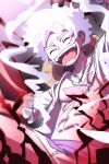  1boy abs absurdres closed_eyes collarbone cross_scar english_commentary facing_viewer gear_fifth haki_(one_piece) hat hat_on_back highres male_focus monkey_d._luffy one_piece open_clothes open_mouth open_shirt purple_sash sash scar scar_on_cheek scar_on_chest scar_on_face shirt shorts solo stonewhale0304 straw_hat transformation upper_body white_hair white_shirt white_shorts 