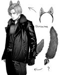  1boy anal_tail animal_ear_hairband animal_ears clenched_hand collared_shirt cowboy_shot curtained_hair dog_ear_hairband dog_ears fake_animal_ears fake_tail fur_trim furrowed_brow greyscale hairband highres jacket leon_s._kennedy male_focus monochrome official_alternate_costume resident_evil resident_evil_requiem serious shirt short_hair solo tail wttm1998 